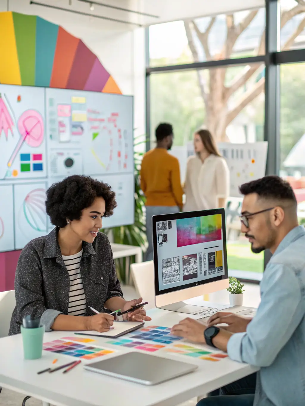 A team of consultants collaborating on a project using digital tools and whiteboards, symbolizing the enhanced support offered in the Standard Tier.