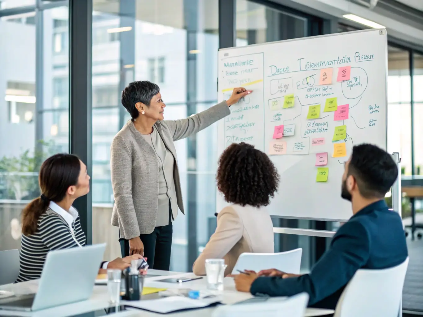 A professional consultant is leading a workshop session with a diverse group of mid-sized organization employees, focusing on change management strategies and collaborative problem-solving.