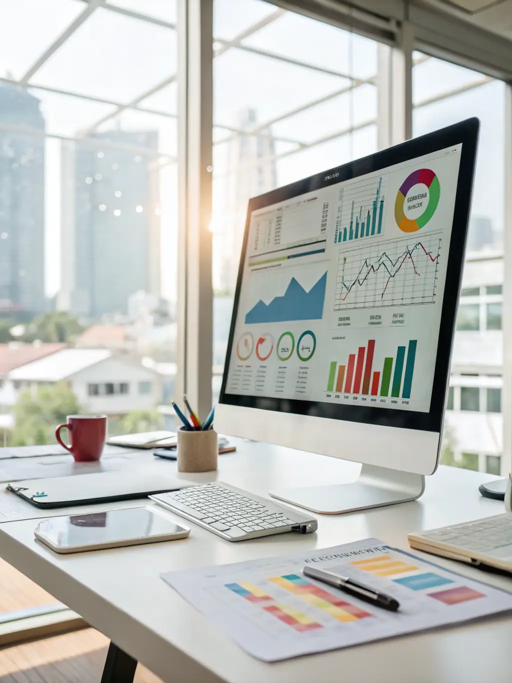 A dashboard displays real-time analytics and custom reports, highlighting the advanced reporting capabilities of the Premium plan.