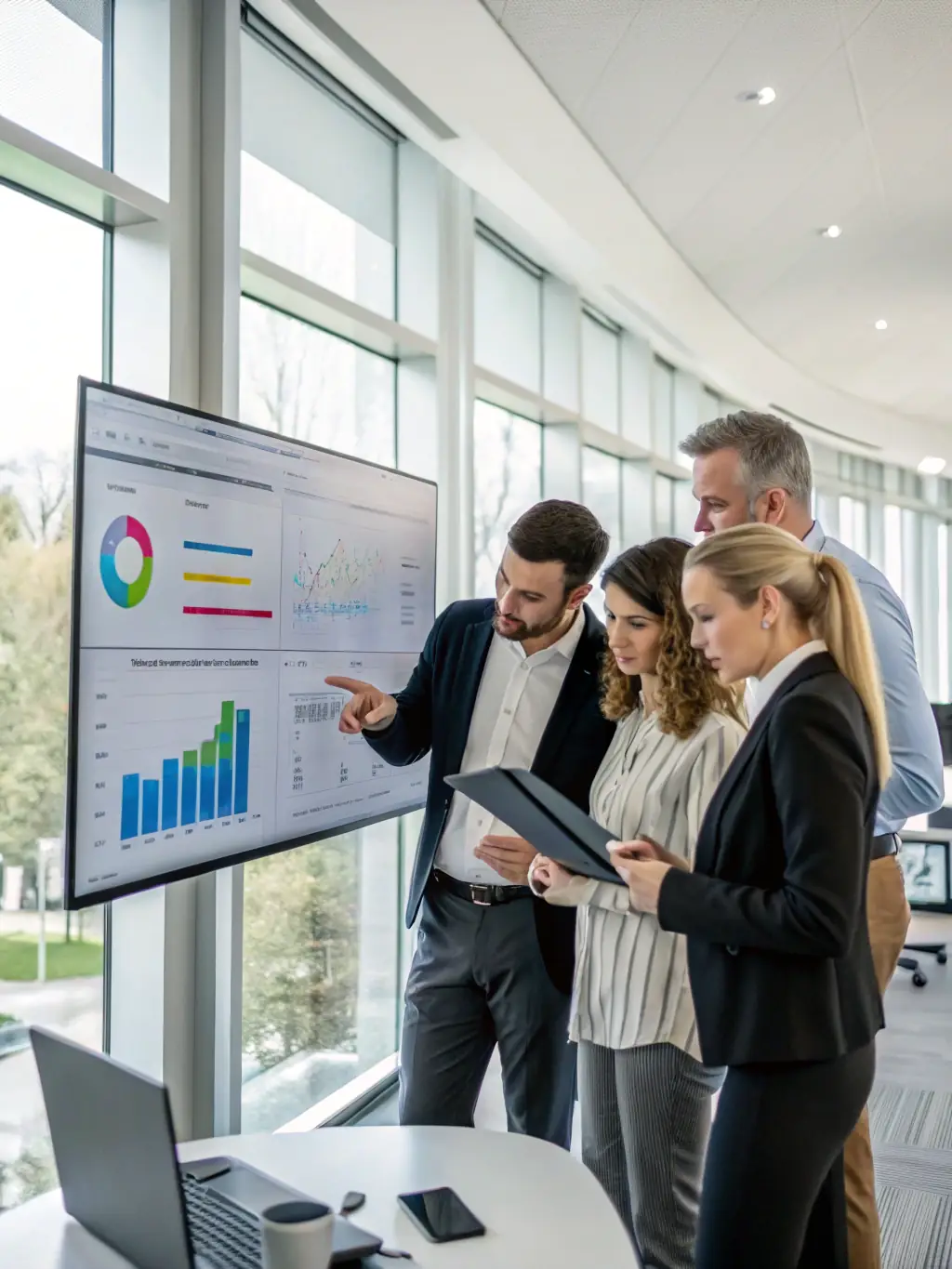 A team is working together using digital tools to analyze data and create reports, showcasing the analytics features of the Basic plan.