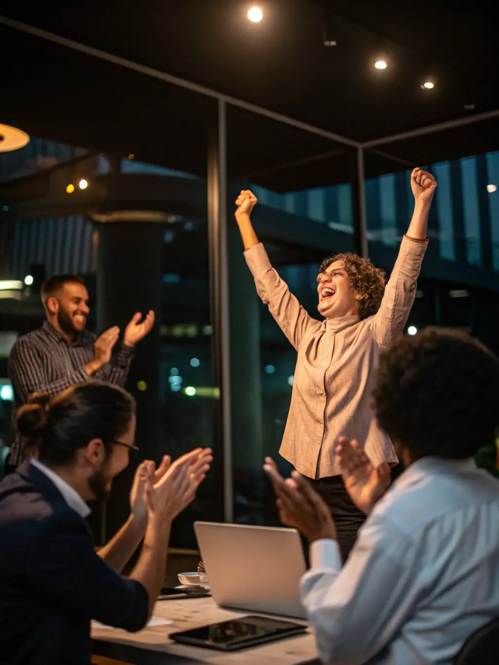 A diverse group of professionals celebrating a successful project completion, highlighting the outcome-focused support across all HumanCollective tiers.
