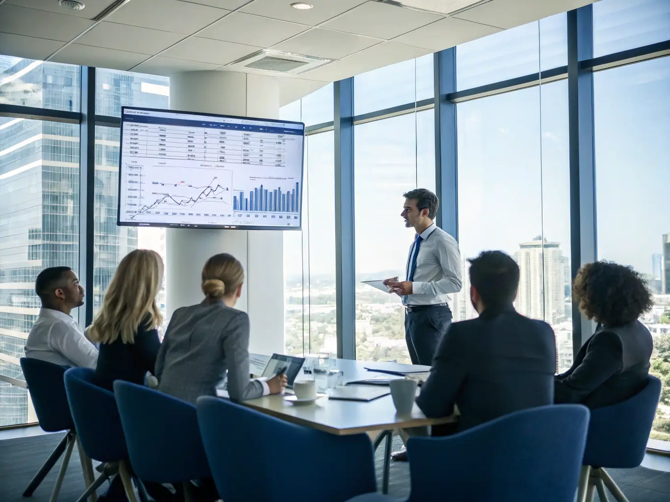 A senior HumanCollective consultant is presenting a detailed progress report to a client's executive team, showcasing key performance indicators and highlighting the positive impact of the change management initiatives.