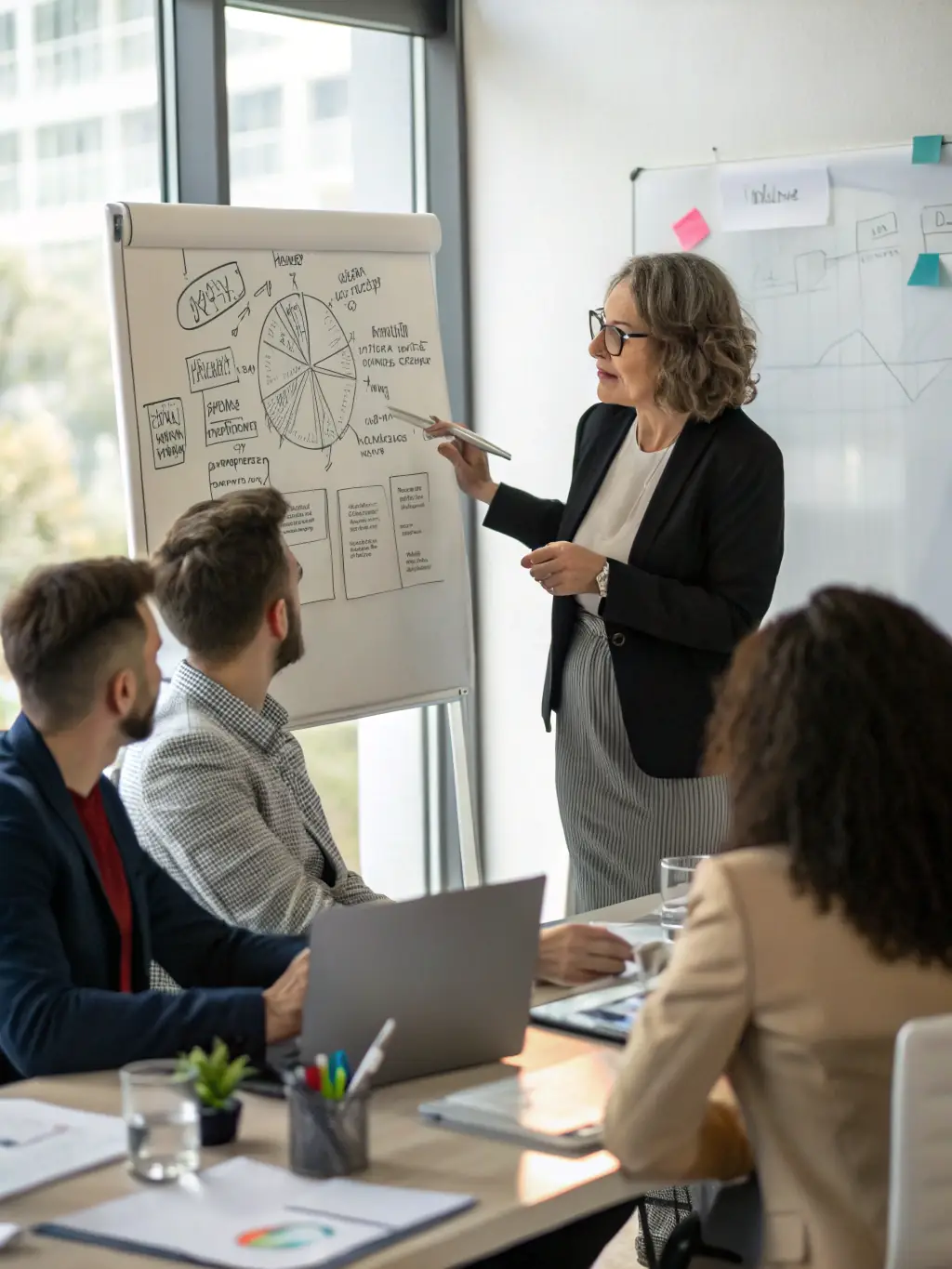 A professional consultant working on a strategic plan with a team in a modern office setting, representing the foundational tier of HumanCollective's services.
